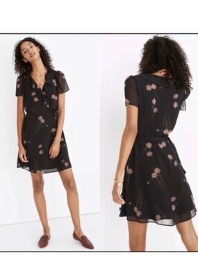 Madewell Black Floral Short Wrap Dress with Pink Blooms
